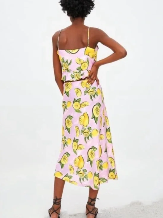 ZARA Lemon Print Satin Midi Skirt - Picture 12 of 14